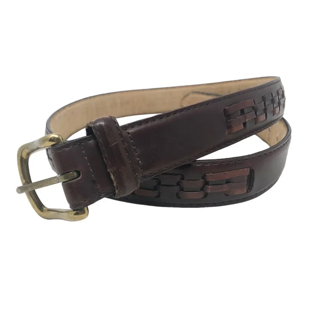 Mens Woven Design Dress Belt Brown Size 34 Genuine Bonded Leather Brass Buckle